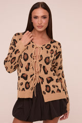 Camel Knit Leopard Print Tie Front Detail Long Sleeves Cardigan - Corey
