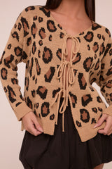 Camel Knit Leopard Print Tie Front Detail Long Sleeves Cardigan - Corey
