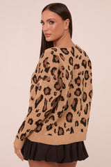 Camel Knit Leopard Print Tie Front Detail Long Sleeves Cardigan - Corey
