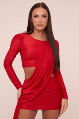 Red Cut Out Detail Draped Long Sleeves Mini Dress - Becca