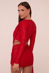 Red Cut Out Detail Draped Long Sleeves Mini Dress - Becca