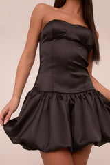 Black Satin Bandeau Puffball Mini Dress - Stacy
