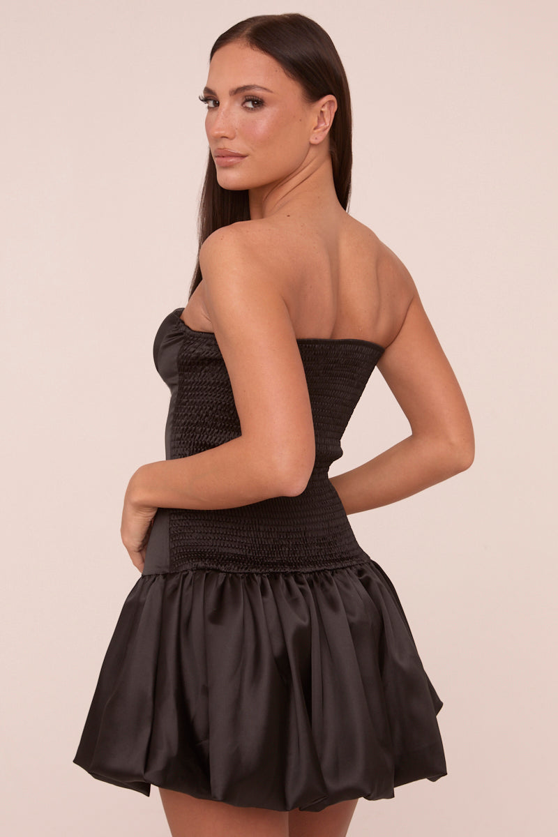 Black Satin Bandeau Puffball Mini Dress - Stacy