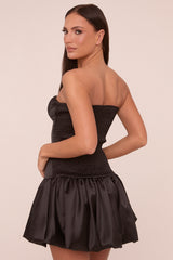 Black Satin Bandeau Puffball Mini Dress - Stacy