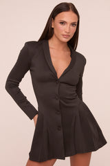 Black Pleat Detail Button Up Front Long Sleeve Mini Dress - Reyah