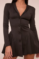 Black Pleat Detail Button Up Front Long Sleeve Mini Dress - Reyah