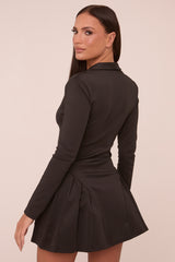 Black Pleat Detail Button Up Front Long Sleeve Mini Dress - Reyah