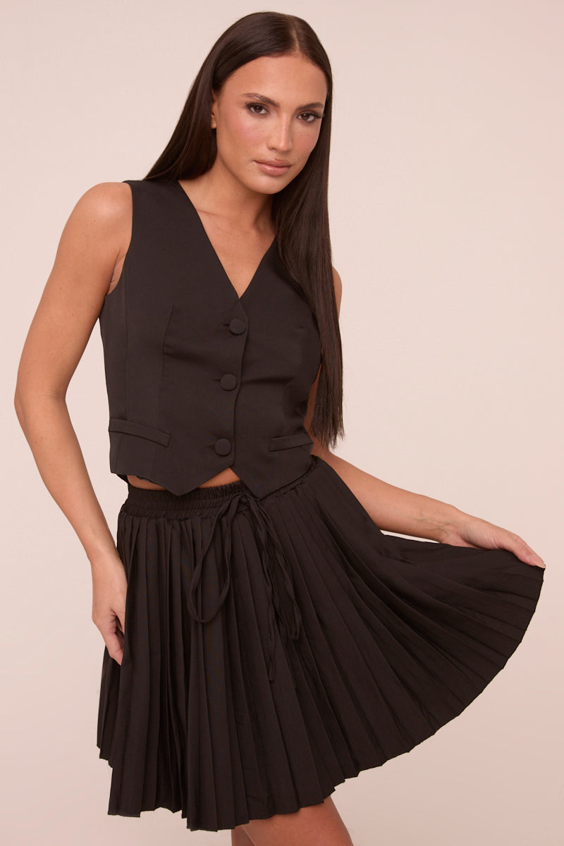 Black Sleeveless Waistcoat & Pleated Mini Skirt Co-ord Set - Monica