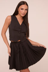 Black Sleeveless Waistcoat & Pleated Mini Skirt Co-ord Set - Monica