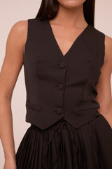 Black Sleeveless Waistcoat & Pleated Mini Skirt Co-ord Set - Monica