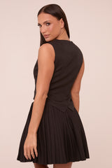 Black Sleeveless Waistcoat & Pleated Mini Skirt Co-ord Set - Monica