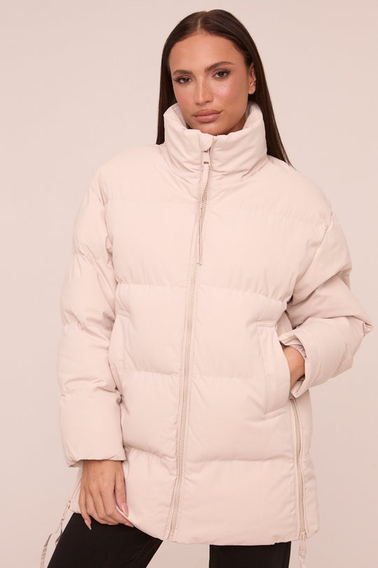 Stone High Neck Zip Fastening Puffer Jacket - Camelia