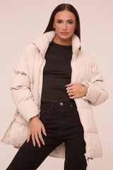 Stone High Neck Zip Fastening Puffer Jacket - Camelia