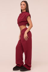 Burgundy Shirring Detail Cropped Top & Straight Leg Trousers Co-ord Set - Harley