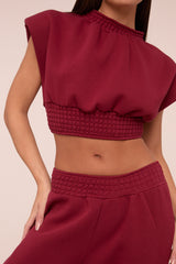 Burgundy Shirring Detail Cropped Top & Straight Leg Trousers Co-ord Set - Harley