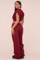 Burgundy Shirring Detail Cropped Top & Straight Leg Trousers Co-ord Set - Harley