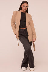 Beige Wool Look Shoulder Pads Tie Front Long Sleeves Jacket - Gemma
