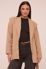 Beige Wool Look Shoulder Pads Tie Front Long Sleeves Jacket - Gemma