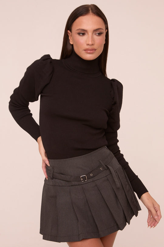 Black Knit High Neck Puff Sleeve Jumper - Amanza