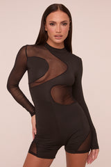 Black Mesh Panel High Neck Long Sleeves Playsuit - Adelaine