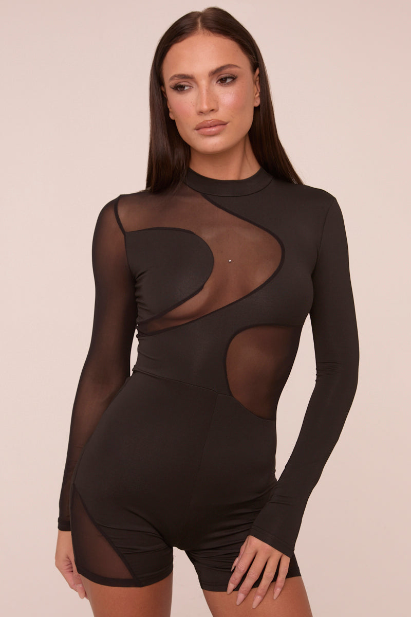 Black Mesh Panel High Neck Long Sleeves Playsuit - Adelaine