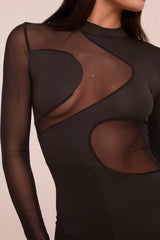Black Mesh Panel High Neck Long Sleeves Playsuit - Adelaine