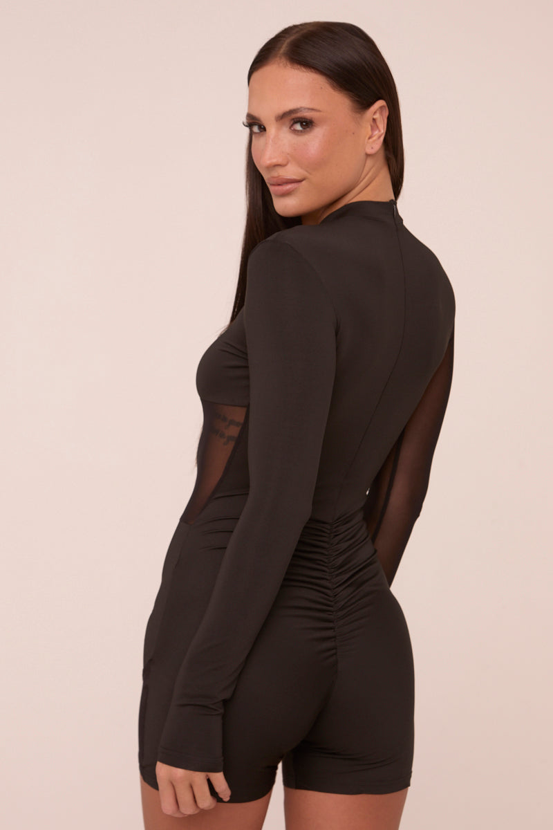 Black Mesh Panel High Neck Long Sleeves Playsuit - Adelaine