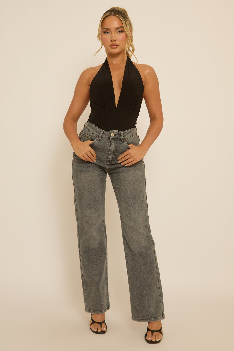 Black Slinky Plunge Bodysuit - Akari