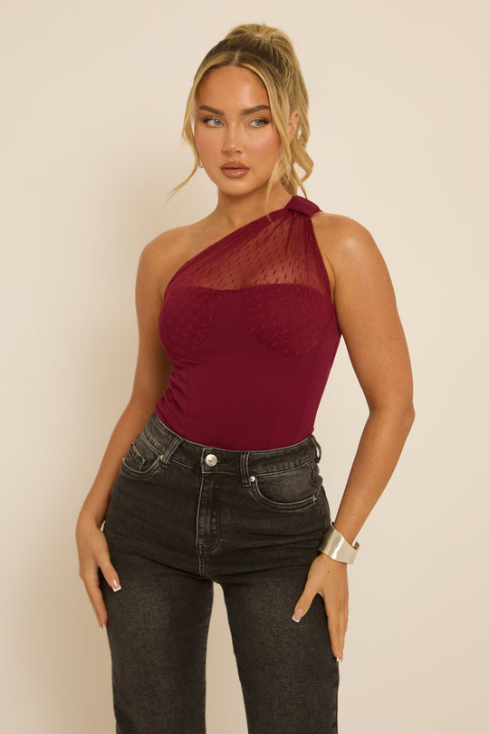 Wine Polka Mesh Corset One Shoulder Bodysuit - Carrie