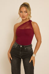 Wine Polka Mesh Corset One Shoulder Bodysuit - Carrie