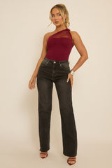 Wine Polka Mesh Corset One Shoulder Bodysuit - Carrie