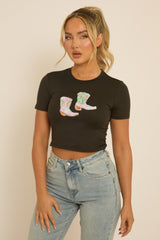 Black Cowgirl Boots Crop Tshirt - Precious