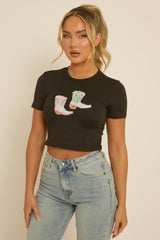 Black Cowgirl Boots Crop Tshirt - Precious