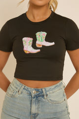 Black Cowgirl Boots Crop Tshirt - Precious