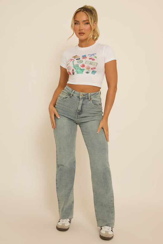 Vintage Light Blue Washed Stretch Straight Leg Frayed Hem Jeans - Scarlett