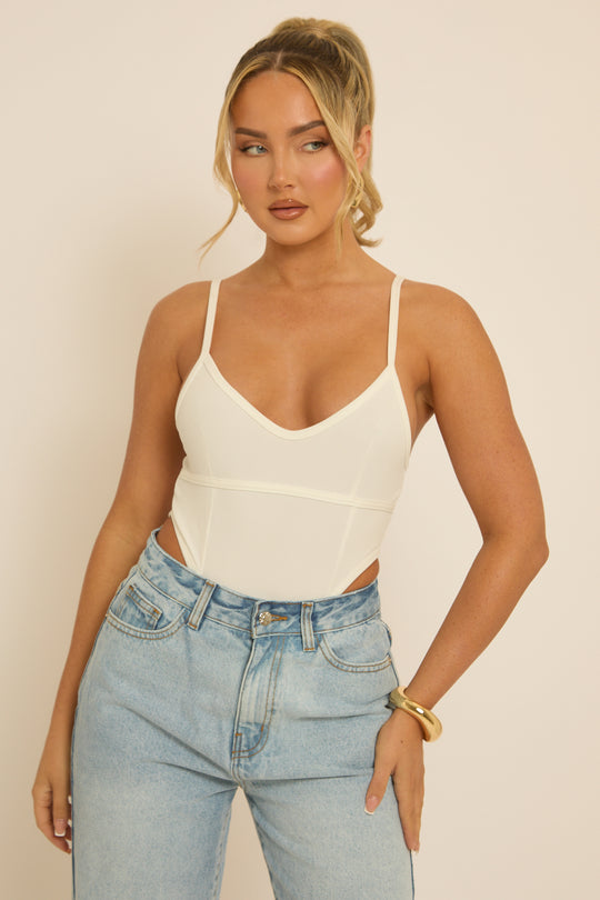 White Corset Detail Jersey Bodysuit - Clara