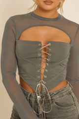 Grey Lace Up Mesh Sleeve Corset Top - Lavya