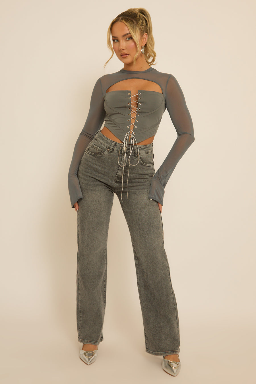 Grey Lace Up Mesh Sleeve Corset Top - Lavya