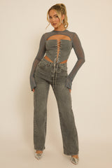Grey Lace Up Mesh Sleeve Corset Top - Lavya
