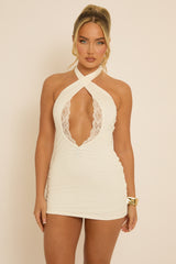 White Halter Lace Trim Mini Dress - Kailey