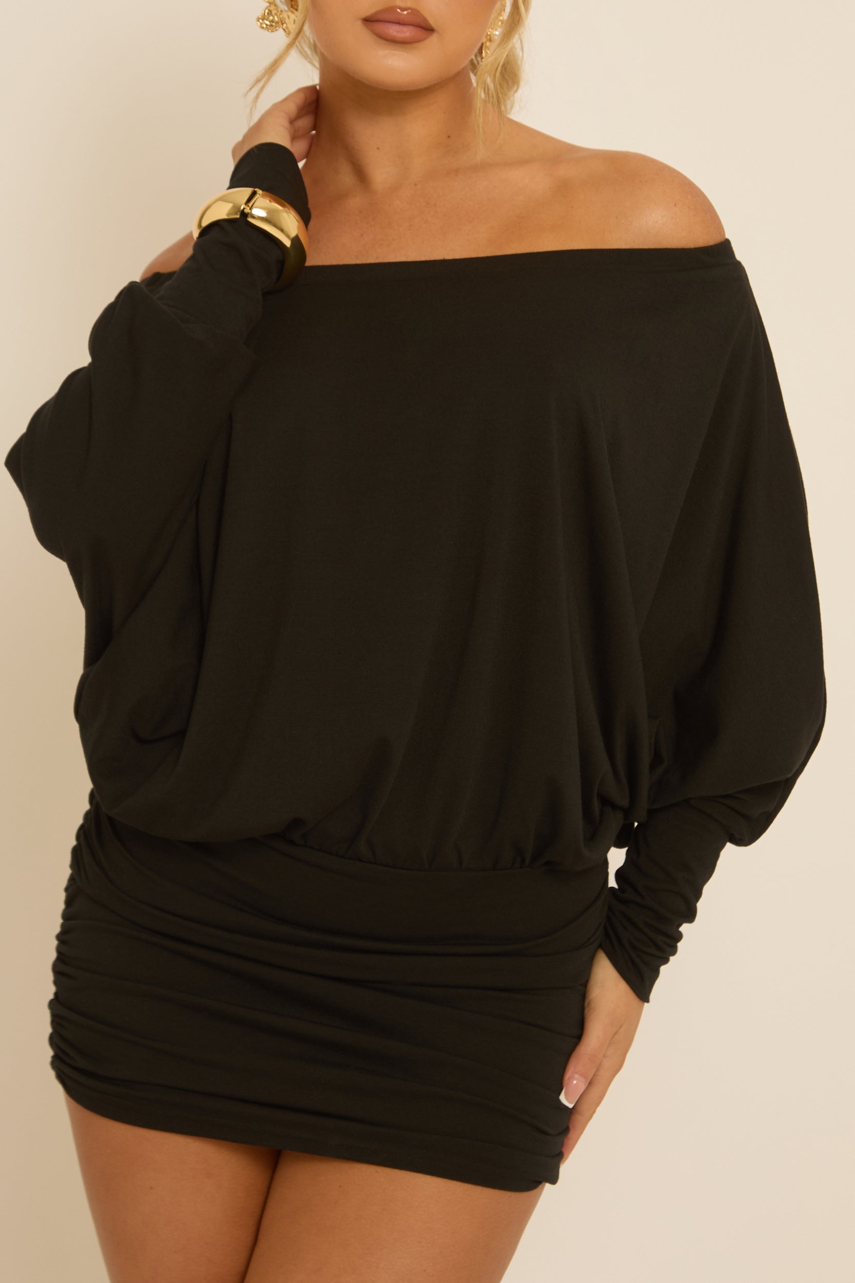 black batwing mini dress boohoo Women's Plus PREMIUM DRAPED batwing mini dress in Black | Size: 22