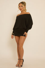 Black Batwing Bardot Mini Dress - Clarice