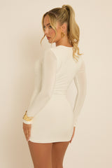 White Knot Front Long Sleeve Mini Dress - Juliet