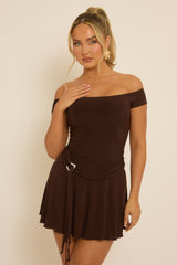 Chocolate Belted Off Shoulder Slinky Mini Dress - Patrice