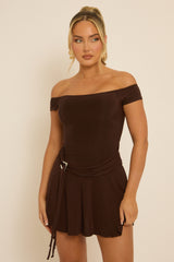 Chocolate Belted Off Shoulder Slinky Mini Dress - Patrice