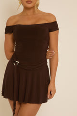 Chocolate Belted Off Shoulder Slinky Mini Dress - Patrice