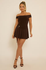 Chocolate Belted Off Shoulder Slinky Mini Dress - Patrice