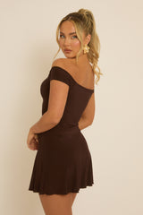 Chocolate Belted Off Shoulder Slinky Mini Dress - Patrice