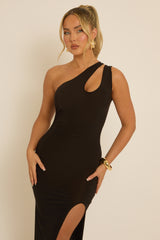 Black One Shoulder Cut Out Midi Dress - Edris