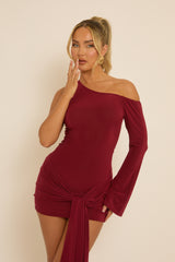 Wine One Shoulder Slinky Wrap Mini Dress - Trudy